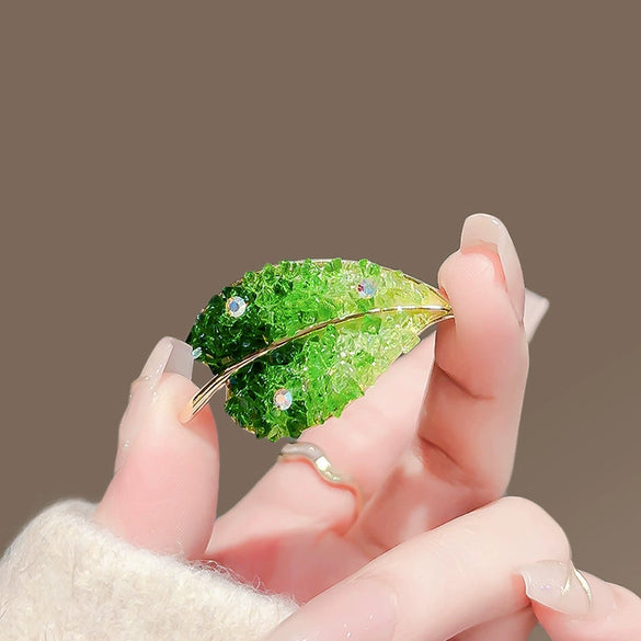 Alloy Green Leaf And Flower Brooch With Electroplating For Women