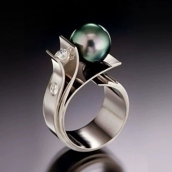 Alloy Green Shell Pearl Ring With Geometric Pattern And Diamond For Women