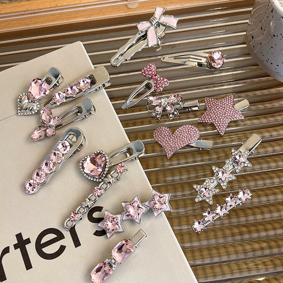 Alloy Hairpin With Rhinestone For Women Pink Love Style Duckbill Clip