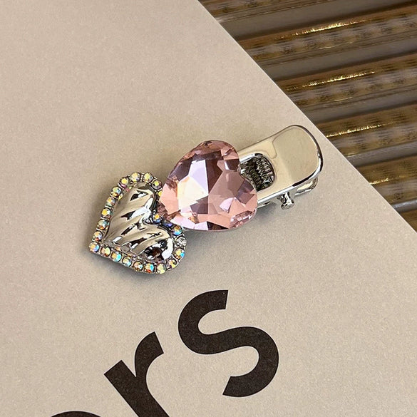 Alloy Hairpin With Rhinestone For Women Pink Love Style Duckbill Clip