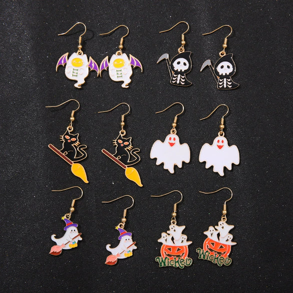 Alloy Halloween Earrings With Geometric Pattern Spider Spider Web Wizard Hat Black Cat Eye Beads Demon Witch Electroplated For Women