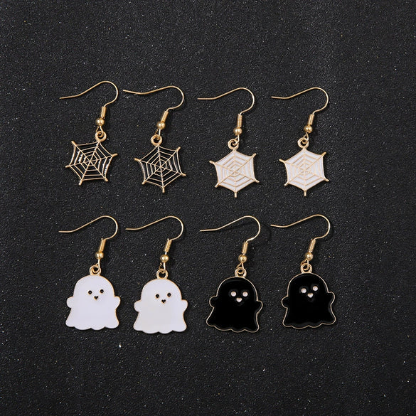 Alloy Halloween Earrings With Geometric Pattern Spider Spider Web Wizard Hat Black Cat Eye Beads Demon Witch Electroplated For Women