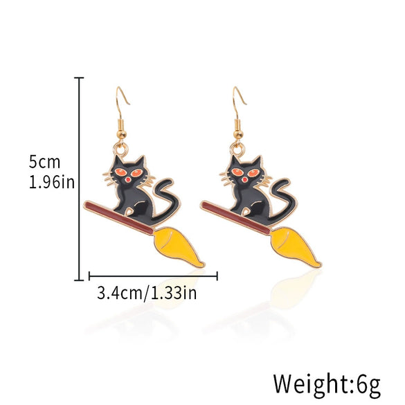 Alloy Halloween Earrings With Geometric Pattern Spider Spider Web Wizard Hat Black Cat Eye Beads Demon Witch Electroplated For Women