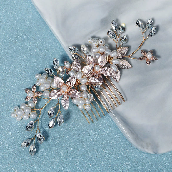 Alloy Hand Knitted Flower Leaf Bridal Hair Comb Pin Hair Accessories For Women