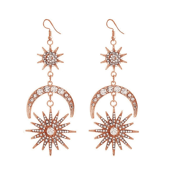 Alloy Handmade Fashion Baroque Sun Moon Doublelayer Sixpointed Star Halo Long Earrings For Women