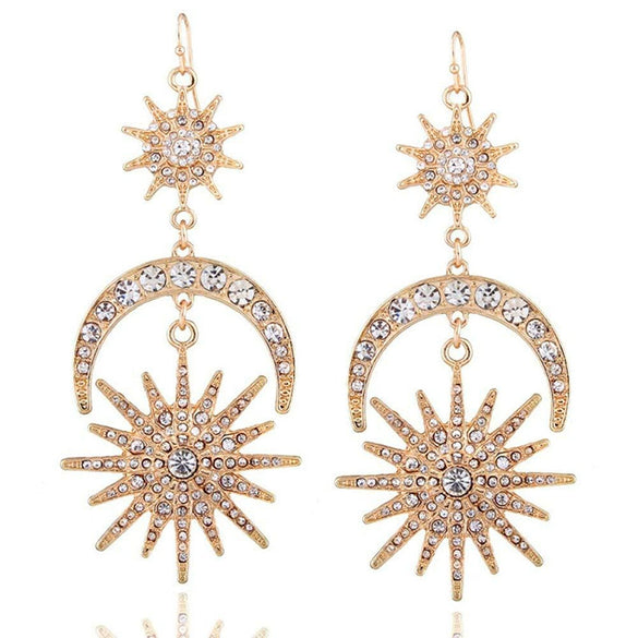 Alloy Handmade Fashion Baroque Sun Moon Doublelayer Sixpointed Star Halo Long Earrings For Women