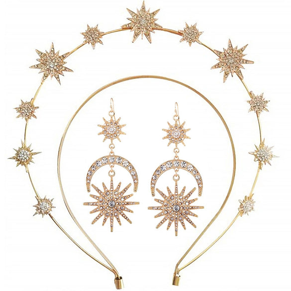 Alloy Handmade Fashion Baroque Sun Moon Doublelayer Sixpointed Star Halo Long Earrings For Women