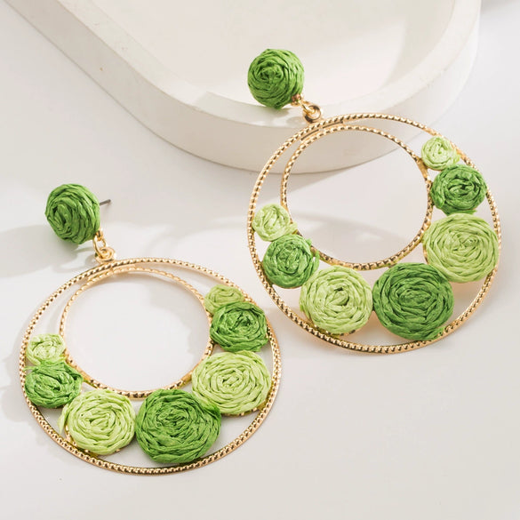 Alloy Handwoven Raffia Flower Earrings For Women Bohemian Style