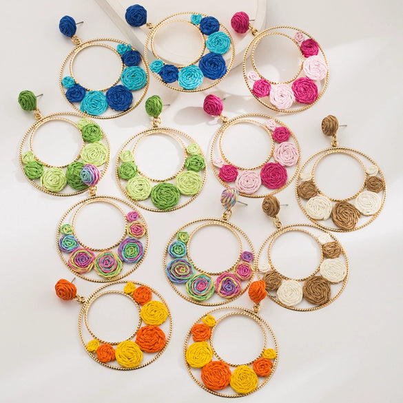 Alloy Handwoven Raffia Flower Earrings For Women Bohemian Style