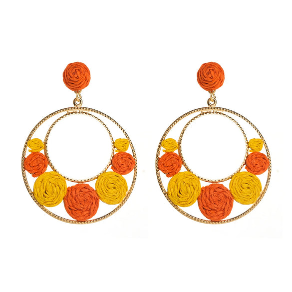 Alloy Handwoven Raffia Flower Earrings For Women Bohemian Style