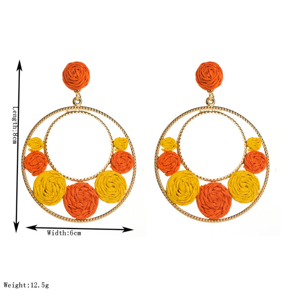Alloy Handwoven Raffia Flower Earrings For Women Bohemian Style