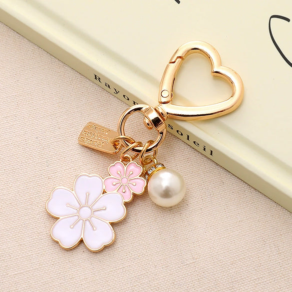 Alloy Heart Buckle Pearl Chain Mobile Phone Pendant With Dripping Oil Flower Design Also For Bag And Keychain