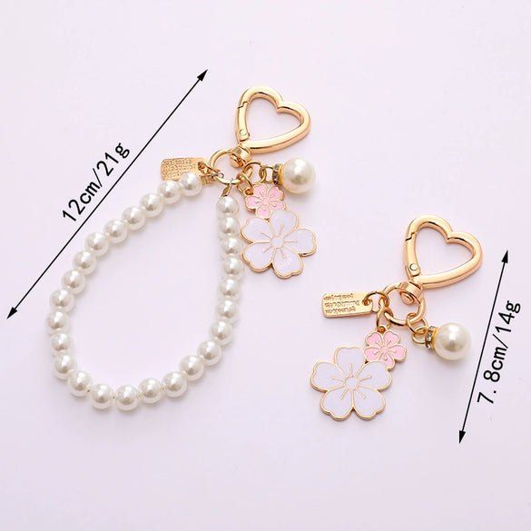 Alloy Heart Buckle Pearl Chain Mobile Phone Pendant With Dripping Oil Flower Design Also For Bag And Keychain