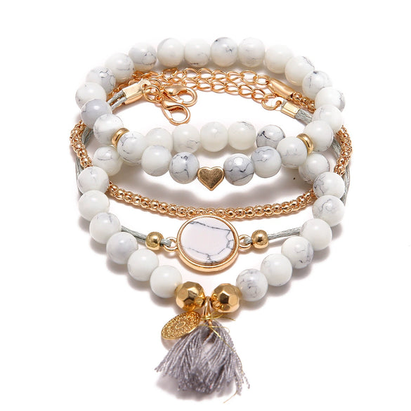Alloy Heart Pattern Electroplating Tassel Round Stone Bracelet Set For Unisex