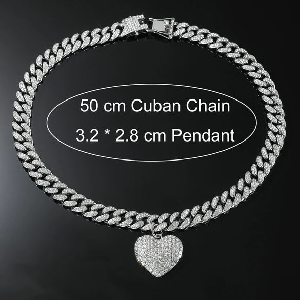 Alloy Heart Pendant Cuban Chain Hiphop Necklace With Diamond And Geometric Design