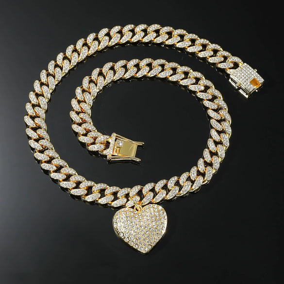 Alloy Heart Pendant Cuban Chain Hiphop Necklace With Diamond And Geometric Design