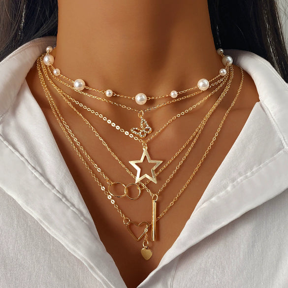 Alloy Heart Shape Butterfly Tassel Pendant Stacked Suit O Chain Necklace For Women Electroplated Jewelry