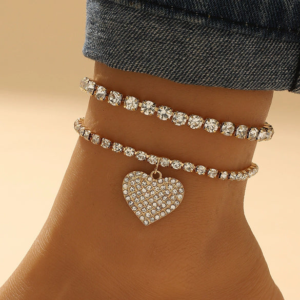 Alloy Heart Shape Rhinestone Anklet Women's Two Piece Set