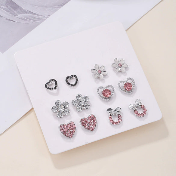 Alloy Heart Shaped Geometric Style Electroplated Pink Rhinestone Earrings Set For Women