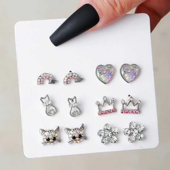 Alloy Heart Shaped Geometric Style Electroplated Pink Rhinestone Earrings Set For Women