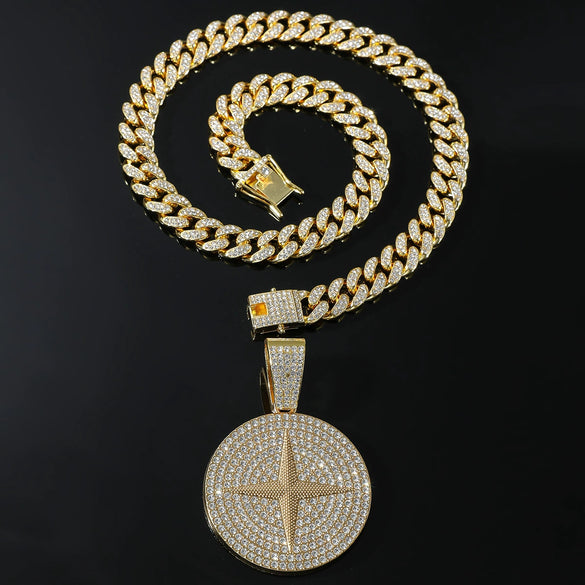 Alloy Hip Hop Cuban Chain Necklace With Diamond Cross Star Pendant And Geometric Pattern