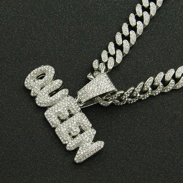 Alloy Hip Hop Diamond Letter Pendant Cuban Chain Necklace For Men