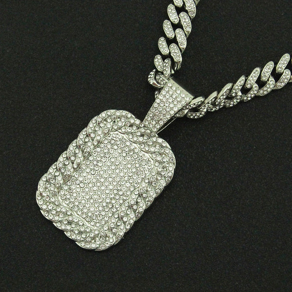 Alloy Hip Hop Exaggerated Geometric Diamond Military Pendant Cuban Chain Necklace For Men