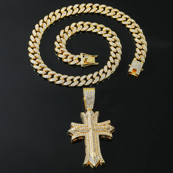 Alloy Hip Hop Geometric Diamond Cuban Chain Cross Necklace For Men And Women