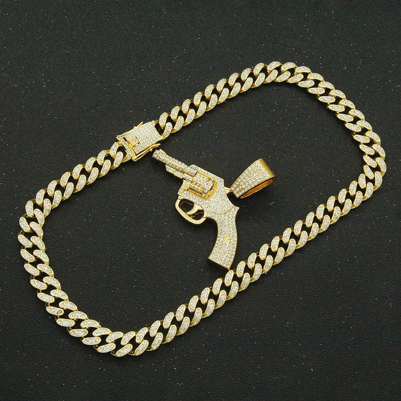 Alloy Hip Hop Geometric Diamond Gun Pendant Cuban Chain Necklace For Hipster Street Dance Motorcycle Wear Accessories