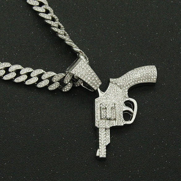 Alloy Hip Hop Geometric Diamond Gun Pendant Cuban Chain Necklace For Hipster Street Dance Motorcycle Wear Accessories