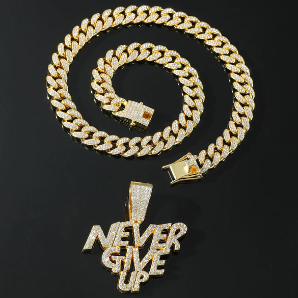 Alloy Hip Hop Letter Rhinestone Diamond Cuban Chain Pendant Necklace