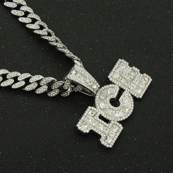 Alloy Hip Hop Spliced Square Diamond Letter Pendant Cuban Chain Necklace