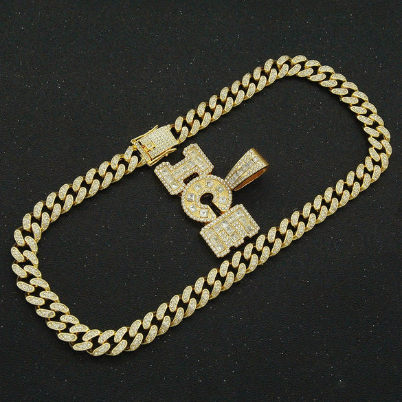 Alloy Hip Hop Spliced Square Diamond Letter Pendant Cuban Chain Necklace