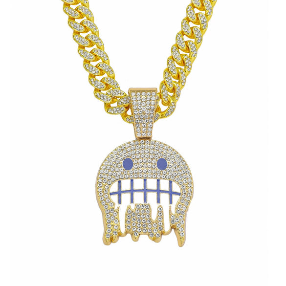Alloy Hip Hop Style Men's Pendant Jewelry With Geometric Rhinestone Emoji Expression Pendant And Cuban Chain Set With Diamond