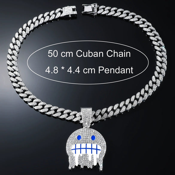 Alloy Hip Hop Style Men's Pendant Jewelry With Geometric Rhinestone Emoji Expression Pendant And Cuban Chain Set With Diamond