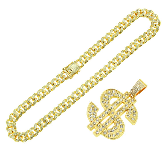 Alloy Hiphop Diamondencrusted Dollar Pendant Cuban Chain Necklace With Letters Numbers Text Pattern For Men