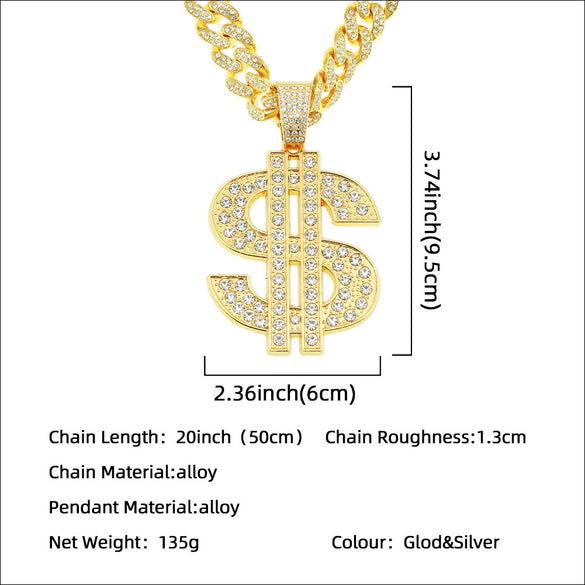 Alloy Hiphop Diamondencrusted Dollar Pendant Cuban Chain Necklace With Letters Numbers Text Pattern For Men