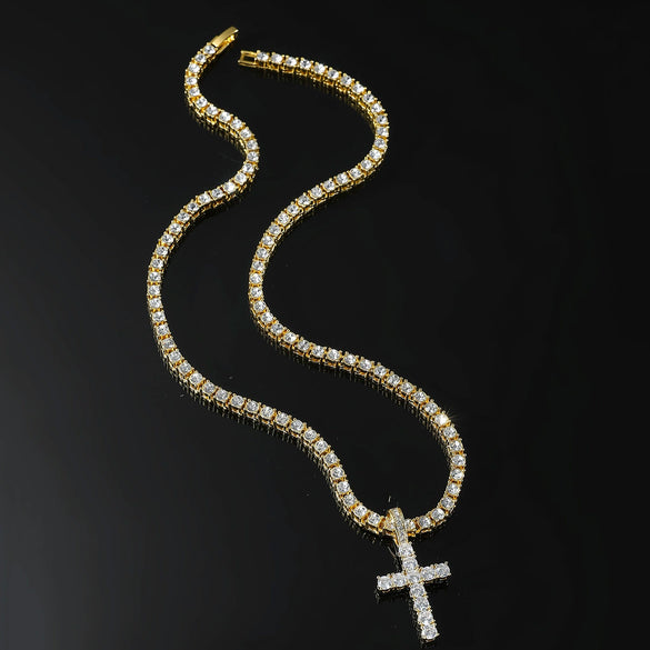Alloy Hiphop Geometric Cross Pendant Necklace With Inlaid Zircon And Tennis Chain