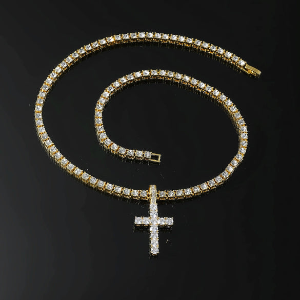 Alloy Hiphop Geometric Cross Pendant Necklace With Inlaid Zircon And Tennis Chain