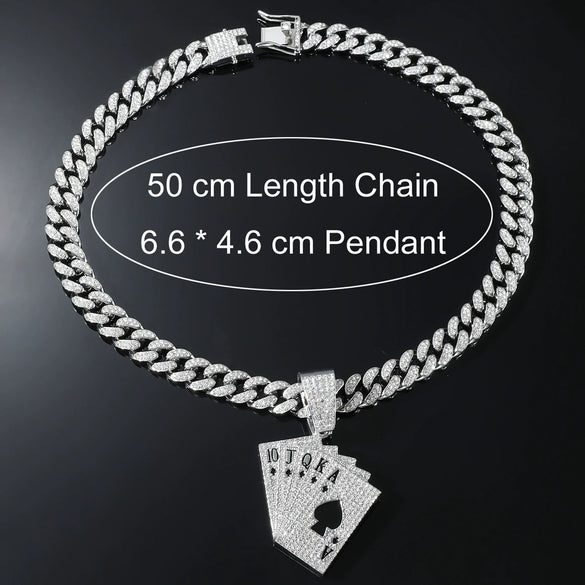 Alloy Hiphop Geometric Diamond Rhinestone Poker Pendant Necklace For Men With Cuban Chain