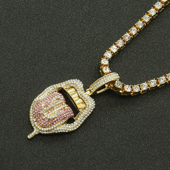 Alloy Hiphop Geometric Diamond Threedimensional Dollar Tongue Pendant Cuban Chain Necklace