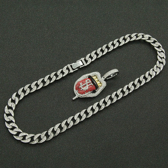 Alloy Hiphop Geometric Diamond Threedimensional Dollar Tongue Pendant Cuban Chain Necklace