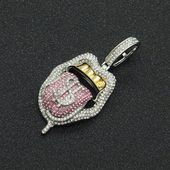 Alloy Hiphop Geometric Diamond Threedimensional Dollar Tongue Pendant Cuban Chain Necklace