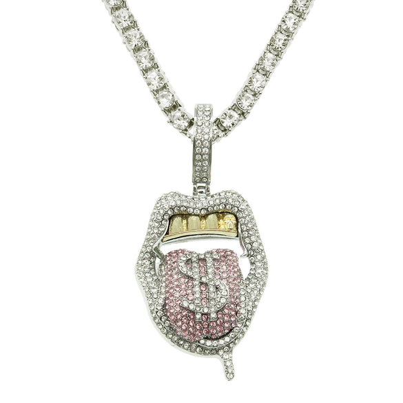 Alloy Hiphop Geometric Diamond Threedimensional Dollar Tongue Pendant Cuban Chain Necklace