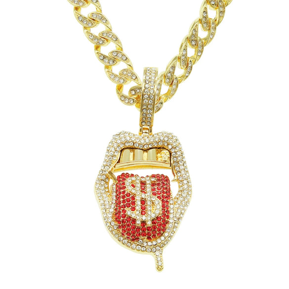 Alloy Hiphop Geometric Diamond Threedimensional Dollar Tongue Pendant Cuban Chain Necklace