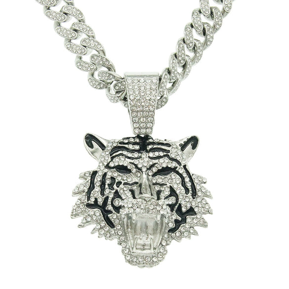 Alloy Hiphop Geometric Diamond Tiger Head Pendant Cuban Chain Men's Necklace