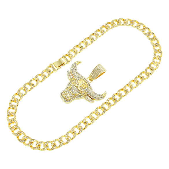 Alloy Hiphop Geometric Diamondencrusted Cow's Head Pendant Cuban Chain Necklace