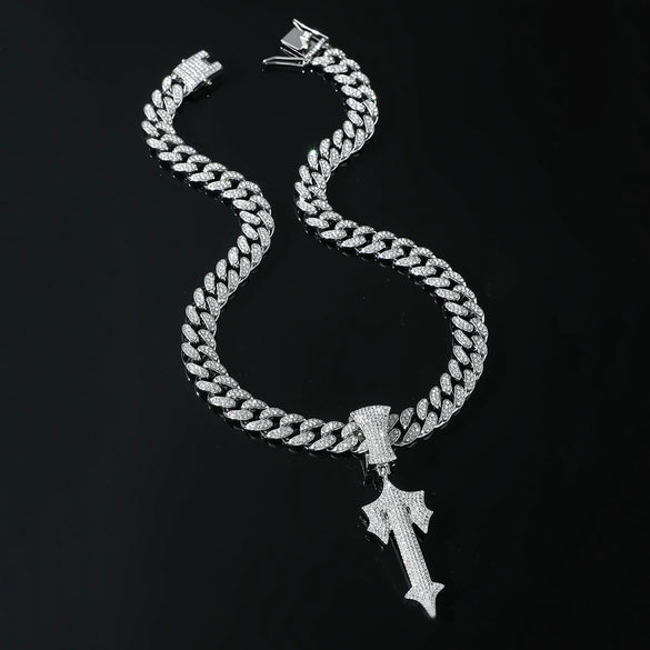 Alloy Hiphop Men's Necklace With Geometric Pattern And Full Diamond Sword Pendant