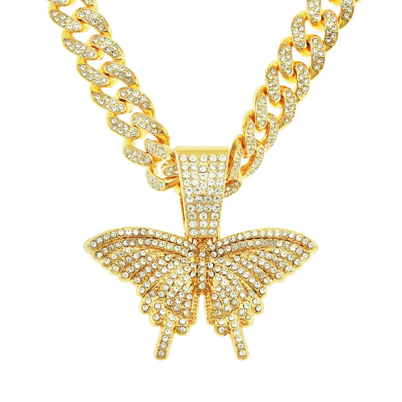 Alloy Hiphop Punk Style Threedimensional Butterfly Pendant With Diamond And Cuban Chain Accessories