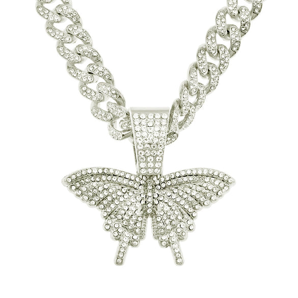 Alloy Hiphop Punk Style Threedimensional Butterfly Pendant With Diamond And Cuban Chain Accessories